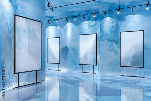 A museum space with icy blue walls and a series of large, glossy black frame mockups. Soft, diffused spotlight lamps provide a cool, even light across the frames, photo