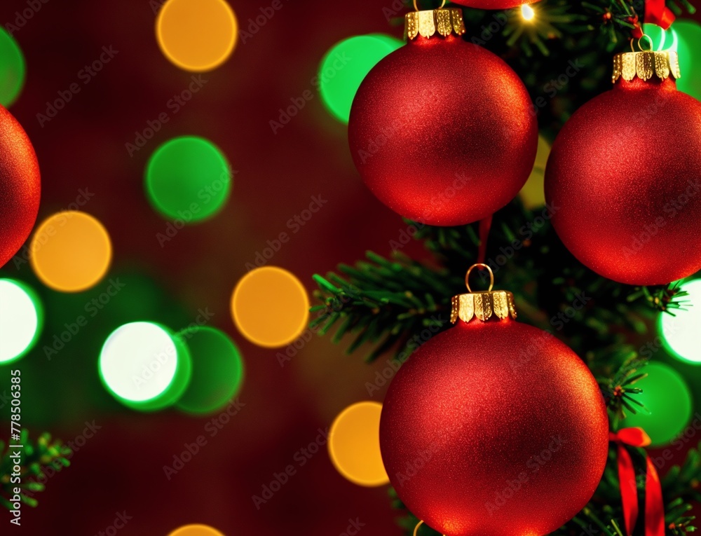 Image of red and green Christmas ornaments hanging on a Christmas tree. - seamless and tileable