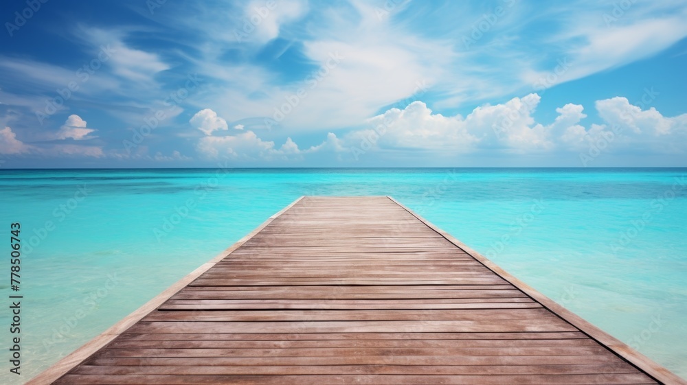 Old wooden bridge in the blue sea and beautiful sky