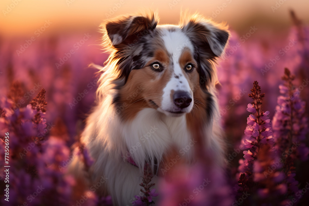 Serene Australian Shepherd Amidst Lavender Blooms