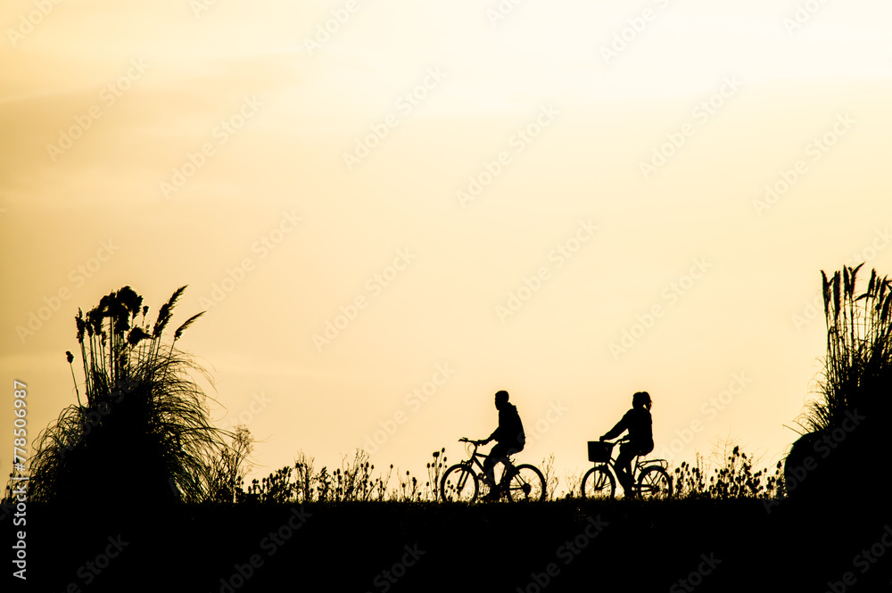 backlit silhouette of person riding a bicycle at sunset backlit silhouette of person riding a bicycle at sunset