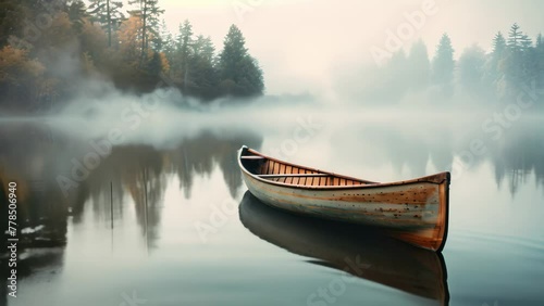 A boat peacefully floats on the surface of a beautiful lake, surrounded by a lush forest, An old wooden canoe on the glassy surface of a quiet lake, AI Generated