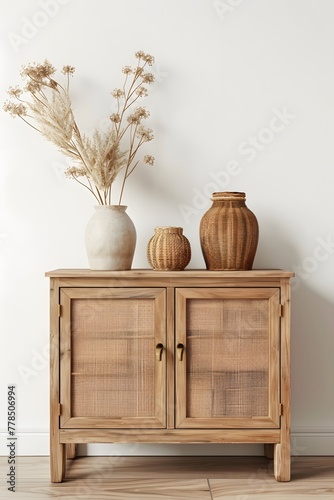 Wood cabinet and accessories decor in iving room photo