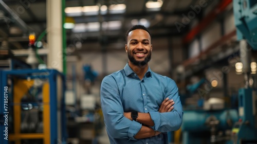 Future Leader in Manufacturing - A young engineer with a friendly smile in an industrial environment. © jodoto