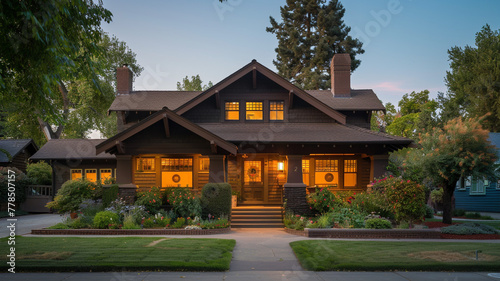 Dawn's light breaking over a chocolate brown Craftsman style house, suburban calm pervasive as the neighborhood stirs awake, soft and welcoming