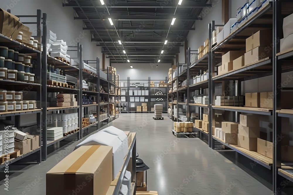 Modern warehouse interior with organized shelves, boxes, and products, 3D illustration