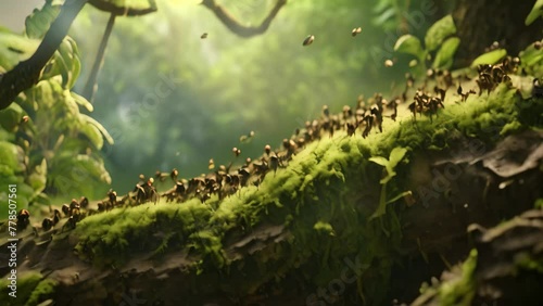 A group of ants makes their way through the abundant foliage of a vibrant, verdant forest, Ants following a pheromone trail in a lush forest, AI Generated photo