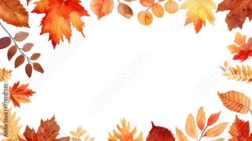 Autumnal colored leaves painted with watercolor as a frame isolated on a transparent background