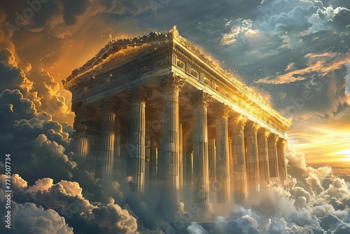 Majestic celestial temple with golden columns amidst ethereal clouds and fog, illustration