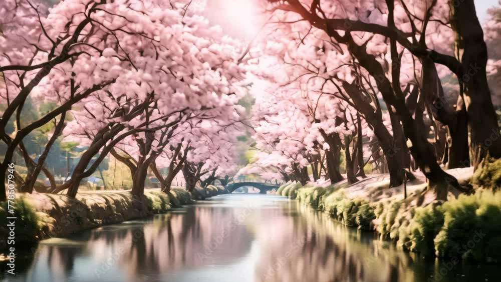 A peaceful river serenely cuts through a lush and green forest, providing a tranquil and stunning natural landscape, Cherry blossom trees in full bloom along a serene river�, AI Generated A peaceful river serenely cuts through a lush and green forest, providing a tranquil and stunning natural landscape, Cherry blossom trees in full bloom along a serene river�, AI Generated