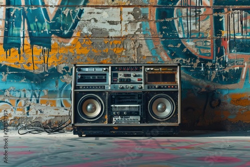 Retro ghetto blaster boombox in grungy graffiti room, 1980s hip hop culture