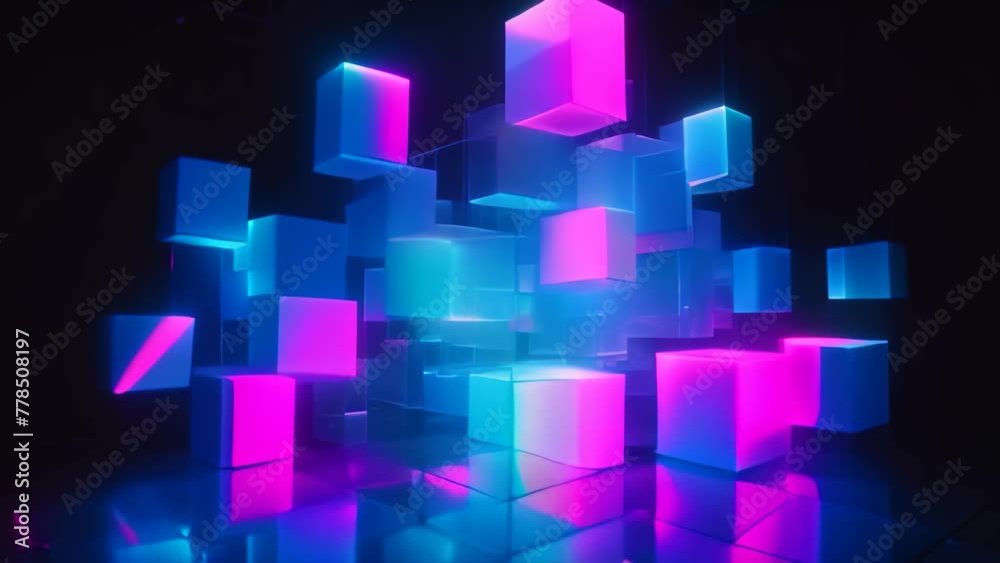 A collection of cubes, each differing in shape and size, enveloped in darkness, Cluster of holographic projections transformed into an abstract display, AI Generated
