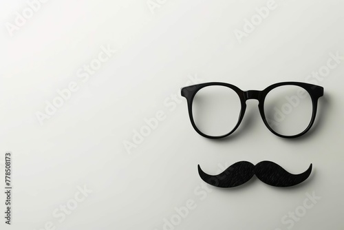 Minimalist black glasses and mustache icon on white background, hipster style symbol