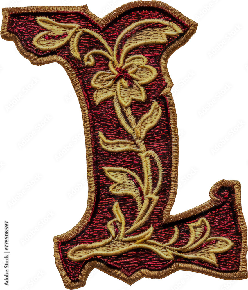 Embroidered patch of letter 'L' cut out on transparent background