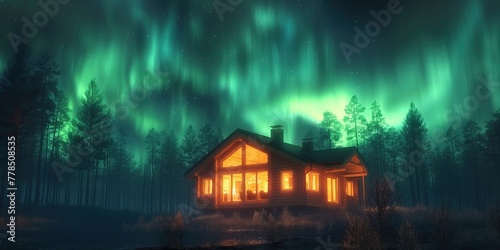 A cozy evening at a traditional Swedish glass cabin under the bright green Northern Lights photo