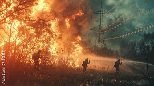 A dynamic scene of firefighters battling a grass fire in a park glade under power lines, with water jets aiming at flames.