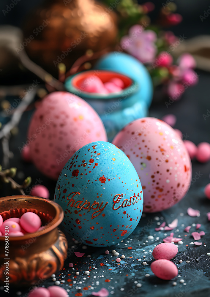 Fototapeta premium Happy Easter greeting card, postal card, greeting card, card template, printable template 105*148