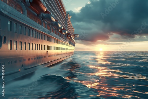 hyper-realistic photo from a low-flying, side perspective, showing a grand cruise, Sunset highlight photo