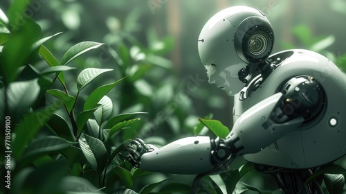 A robotic gardener tending to plants, shown against an earthy green background, blending nature and technology.