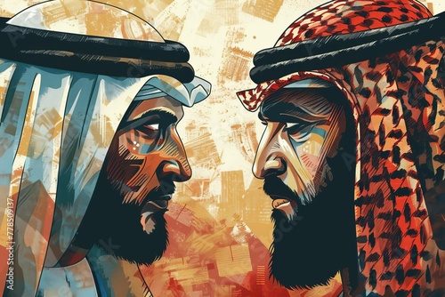 Intense Standoff Arab and Jewish Men Lock Eyes Amidst Regional Tensions - Dramatic Portrait Illustration photo