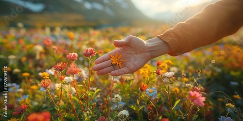 Photo of a traveler's hand reaching out to touch the delicate flowers of a Norwegian meadow