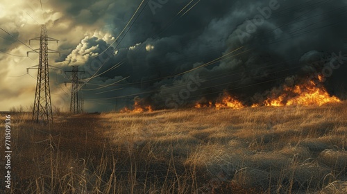 Burning dry grass in a park glade under a stormy sky, with power lines standing stark against the dark clouds.