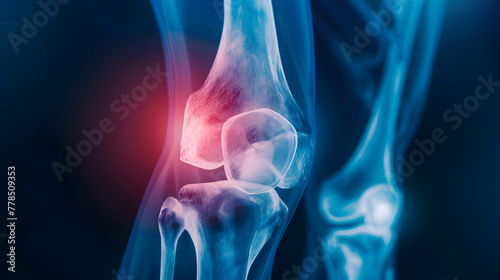 A closeup of the knee joint, showing pain and redness on one side. The background is a dark blue with soft lighting highlighting that part of an X-ray photo
