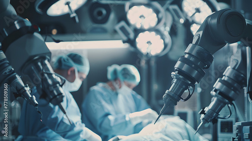 A closeup shot of the robotic arms during an operating room scene, with doctors and nurses in scrubs performing complex procedures. The focus is on capturing details such as sculpted metal surfaces