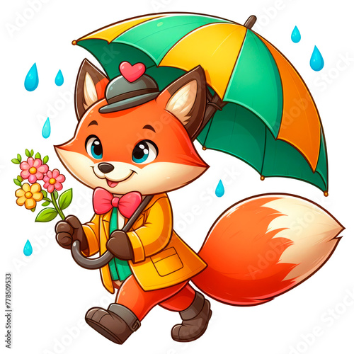 Funny cartoon fox under an umbrella isolated on a transparent background. Close-up, cut out.