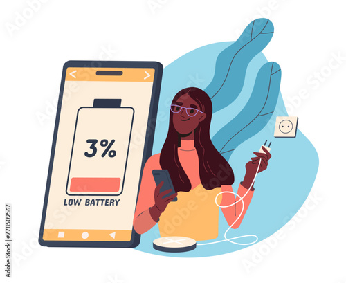 Woman charging phone concept. Young girl with phone and charger with low energy battery. Modern technologies, gadgets and devices. Cartoon flat vector illustration isolated on white background