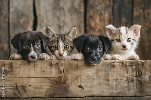 Adorable puppies and kittens peeking from behind a rustic wooden banner, empty space for text, pet store or veterinary clinic advertising poster concept, digital illustration photo