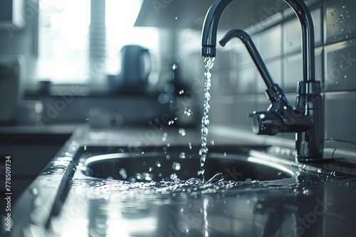 Water pouring from a kitchen or bathroom tap, highlighting the global issue of clean water scarcity, concept photo