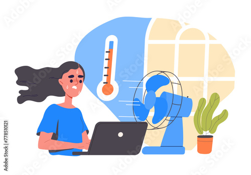 Woman works in heat. Young girl with laptop sitting near electric table fan. Character sweating in hot season and summer. Uncomfortable workplace. Cartoon flat vector illustration