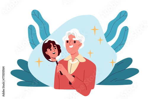 Grandmother remembers youth. Elderly woman look at mirror at young reflection. Pensioner with self confidence. Senior with memories. Cartoon flat vector illustration isolated on white background