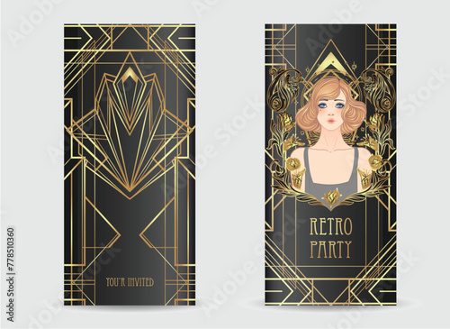Art Deco vintage invitation template design with illustration of flapper girl over patterns and frames. Retro party background set in1920s style. Vector for glamour event, thematic wedding or jazz