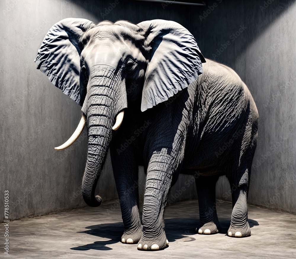 An elephant standing in a room with a white wall behind it.