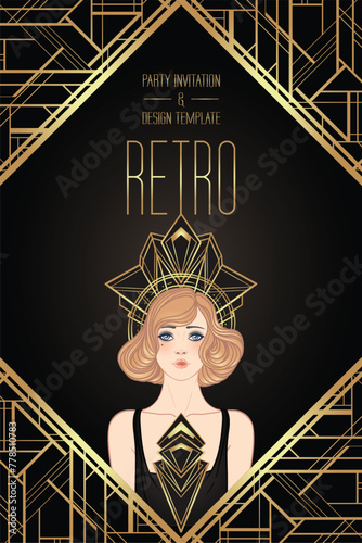 Art Deco vintage invitation template design with illustration of flapper girl...