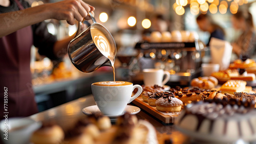 A modern coffee shop scene with a barista pouring latte art, surrounded by assorted pastries and a cozy, blurred background of customers. Ample space is left on the right side for text.