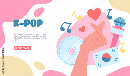 K POP poster. Hand near south Korea flag, disc and microphone. Popular music and sings. Advertising and marketing, famous people and bands. Landing webpage design. Cartoon flat vector illustration