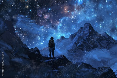 Adventurer under starry night sky, epic outdoor exploration, digital painting concept