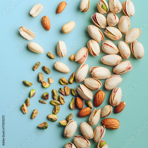 A variety of nuts, a superfood rich in nutrients, scattered on a blue surface