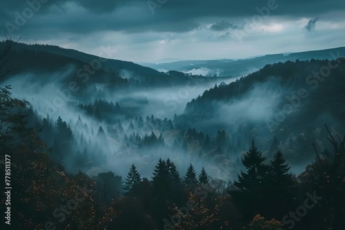 Mystical rising fog in Black Forest, Germany, dark moody landscape panorama, atmospheric scene