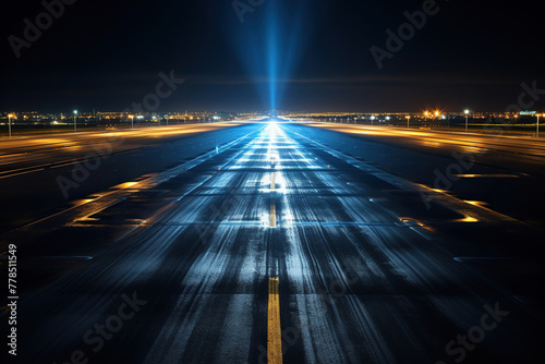 Bright neon headlights on the runway at night. Generated by artificial intelligence