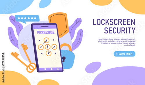 Lockscreen security poster. Protection of personal data and information. Password for smartphone. Safety and security system. Landing webpage design. Cartoon flat vector illustration