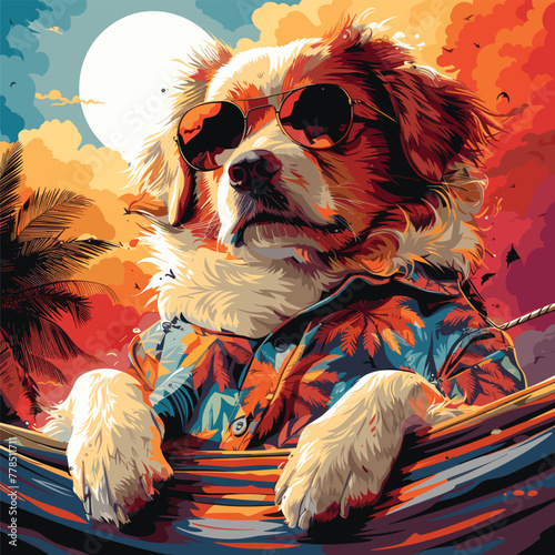 A colorful illustration of a dog wearing sunglasses and a Hawaiian shirt, lounging in a hammock under a summer sun, Vector, Cartoon , T - shirt design