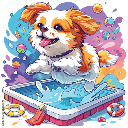 A dynamic design featuring a dog jumping into a pool from a diving board, with splashes of water and colorful pool toys scattered around, Vector, Cartoon , T - shirt design