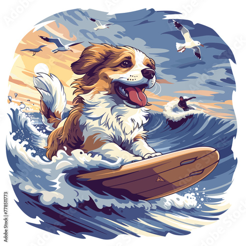 A dynamic graphic of a dog catching waves on a boogie board at the beach, with seagulls flying overhead and surfers riding the waves, Vector, Cartoon , T - shirt design