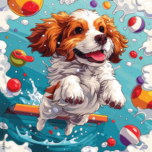 A dynamic design featuring a dog jumping into a pool from a diving board, with splashes of water and colorful pool toys scattered around, Vector, Cartoon , T - shirt design