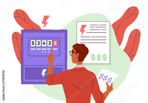 Man checks meter. Young guy with financial bills. Financial literacy budgeting and accounting. Businessman evaluates efficiency of electrical energy. Cartoon flat vector illustration