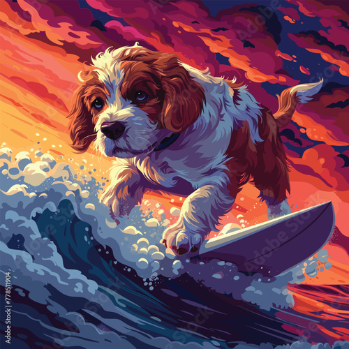 A dynamic illustration of a dog surfing on a wave at sunset, with vibrant hues of orange and pink painting the sky in the background, Vector, Cartoon , T - shirt design